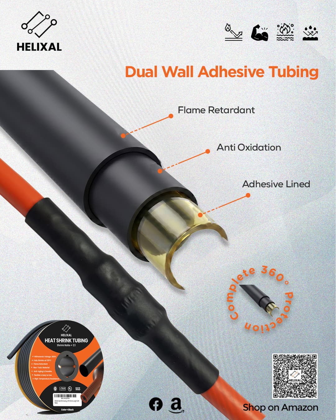 HELIXAL dual wall adhesive lined heat shrink tubing cross-section showing flame retardant outer layer, anti-oxidation layer, and adhesive lined inner layer