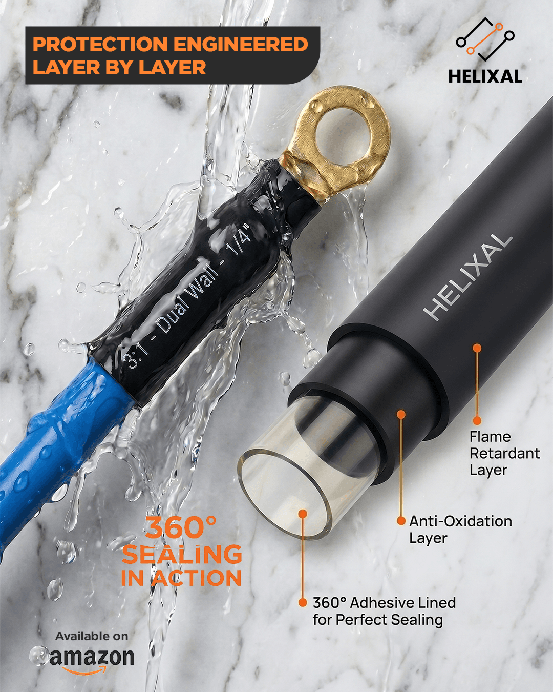 HELIXAL 3:1 dual wall heat shrink tubing creating a 360° waterproof seal on a wire connection — sealing in action with water resistance demonstrated