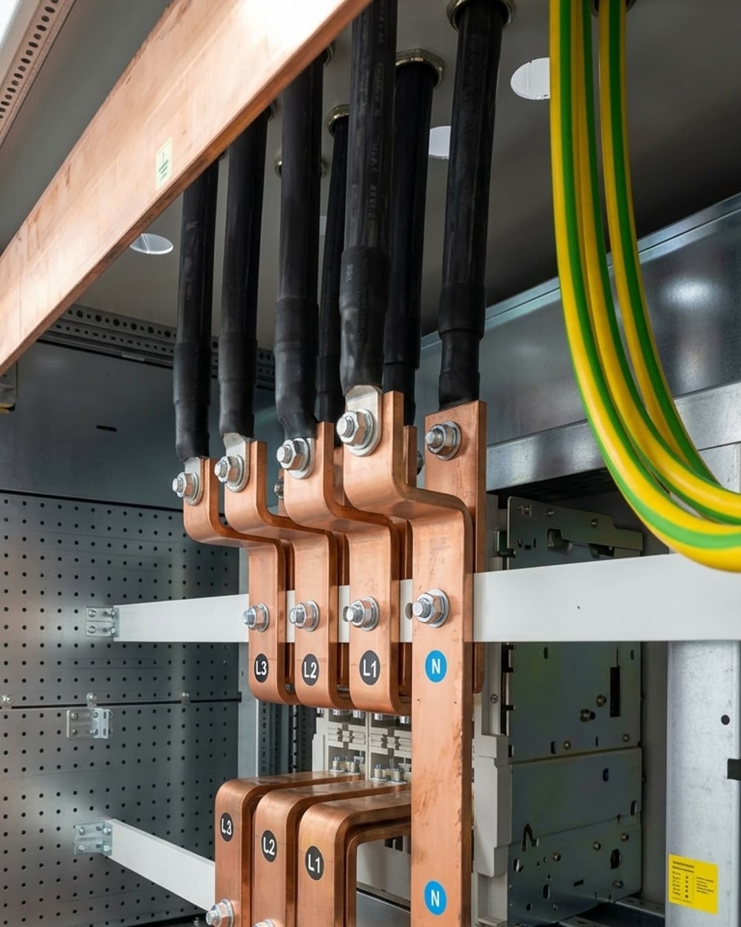 Professional industrial electrical installation showing large black heat shrink tubing protecting copper bus bar connections in a switchgear panel — the standard for heavy-duty wire protection