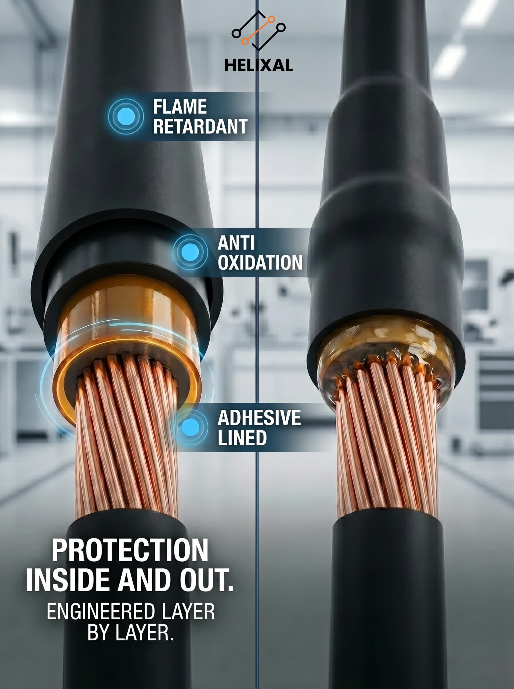 HELIXAL dual wall heat shrink tubing — inside out protection showing flame retardant, anti-oxidation, and adhesive lined layers engineering protection from the wire outward