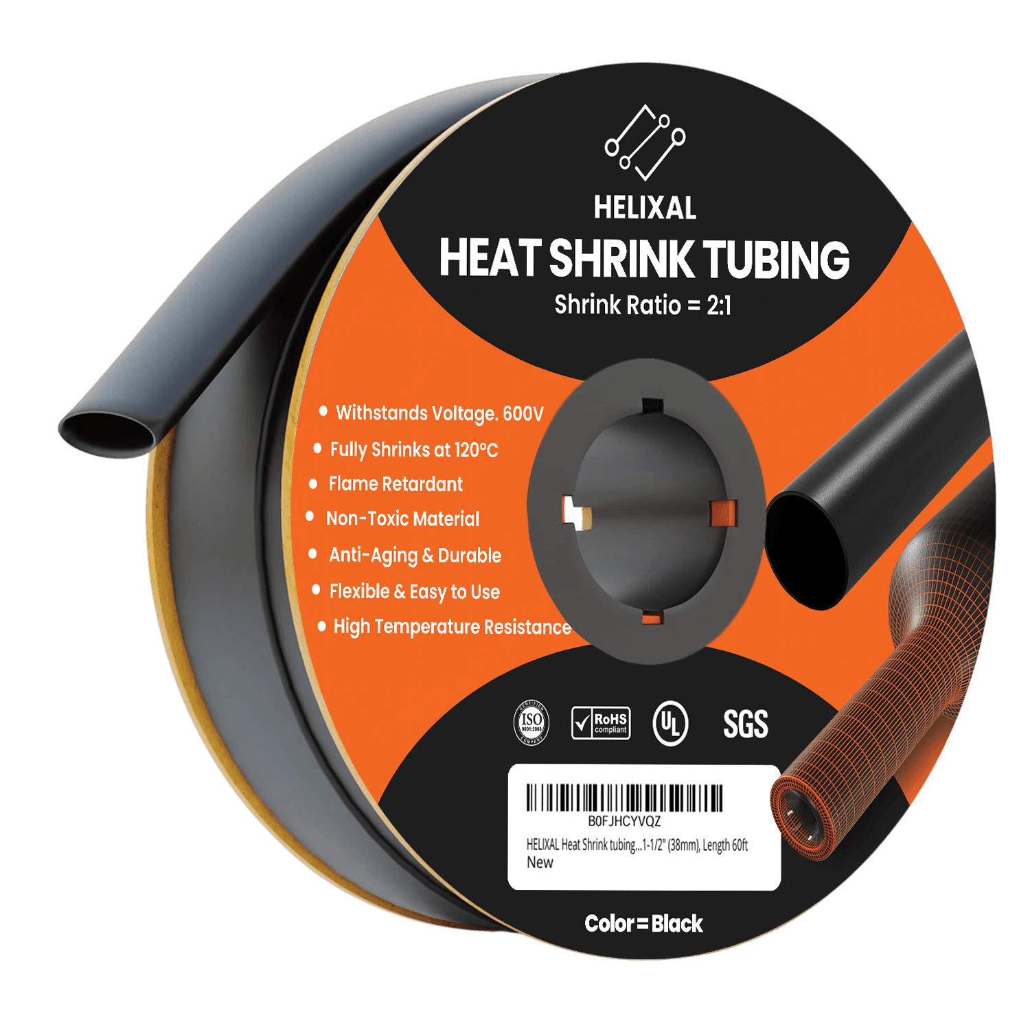 Helixal 2:1 heat shrink tubing 1-1/2" (38mm) — 60ft