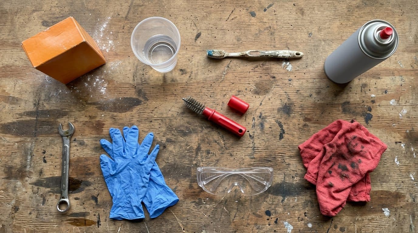 Baking soda, a cup of water, a toothbrush, a battery terminal brush, a wrench, nitrile gloves, safety glasses, a rag and terminal protector spray on a workbench