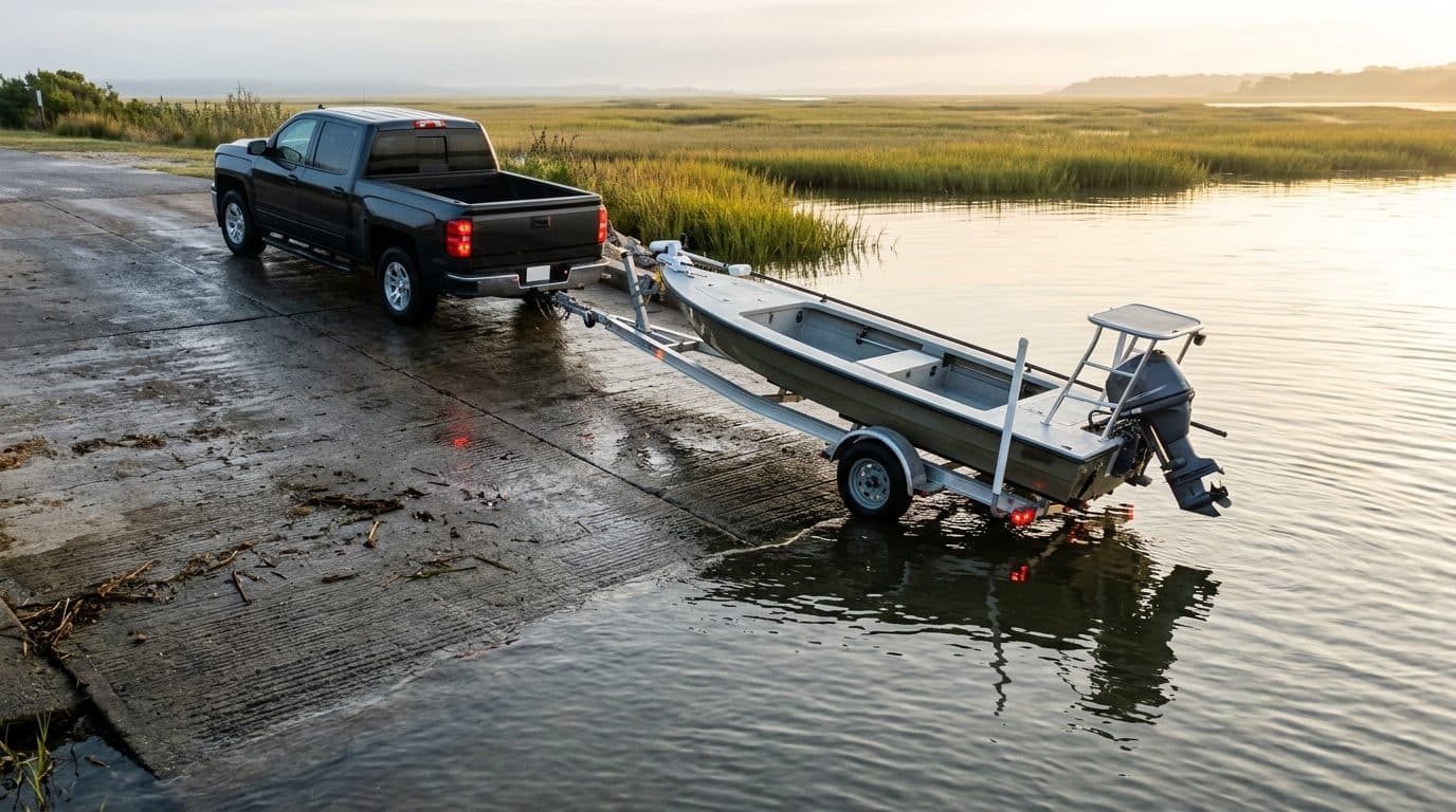 Pickup truck backing a small fishing boat on a galvanized trailer down a launch ramp into salt water at sunrise