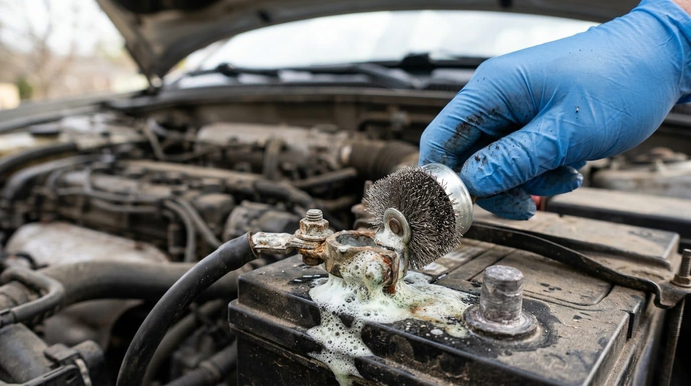 Gloved hand scrubbing a corroded battery terminal clamp with a wire terminal brush, baking soda foaming on the post