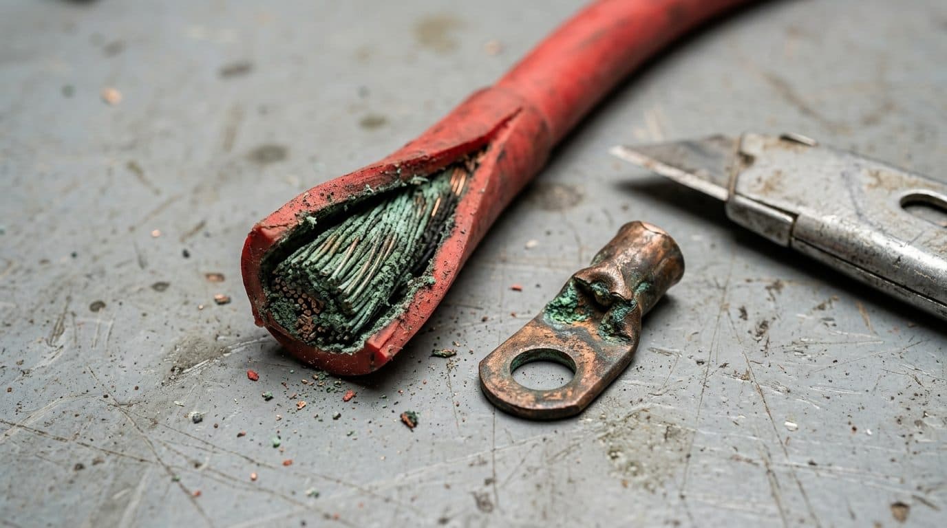 Battery cable cut open beside an old lug, showing green corroded copper strands inside the insulation