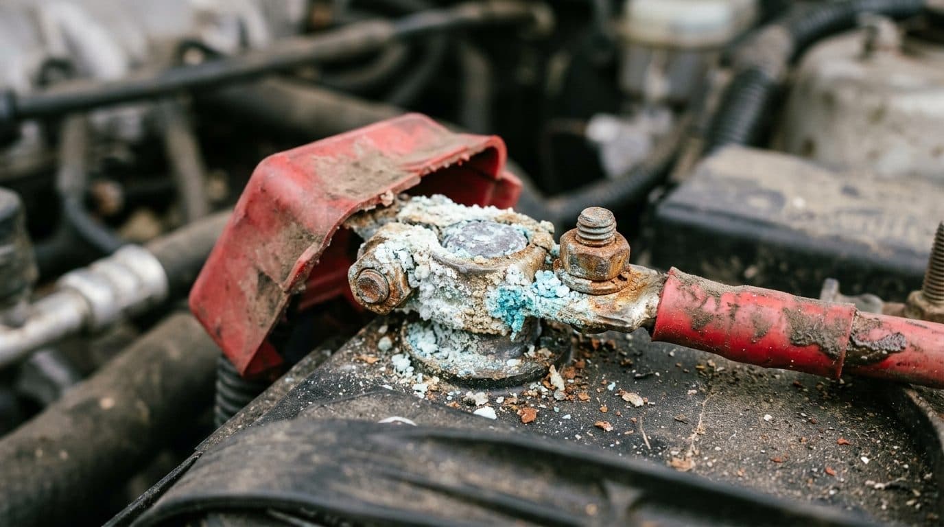 Car battery positive post and clamp covered in crusty white and blue-green corrosion, red cable attached