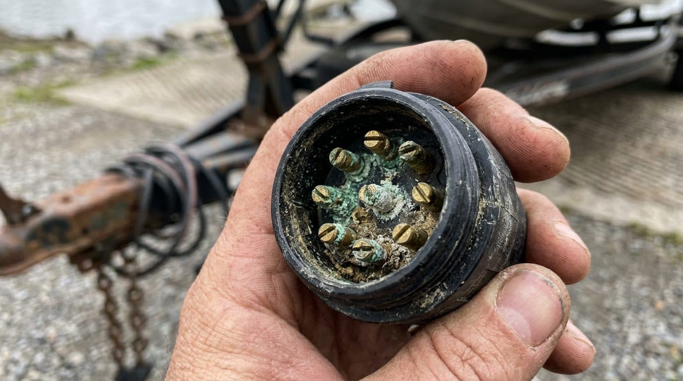 Old 7-pin trailer plug held in a hand, the pins crusted with green and white corrosion, boat trailer behind