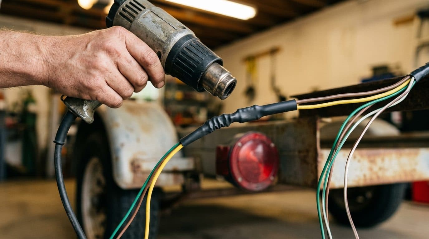 Heat gun held over black heat shrink tubing on a trailer light wire splice, trailer fender and tail light behind