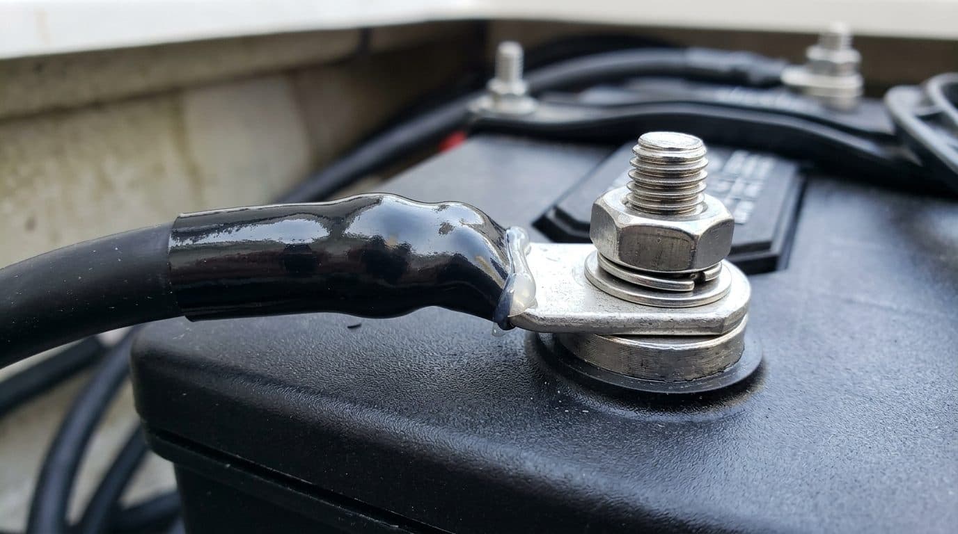 Battery cable lug sealed with black adhesive-lined heat shrink tubing, a bead of clear adhesive at the edge, bolted to a boat battery stud