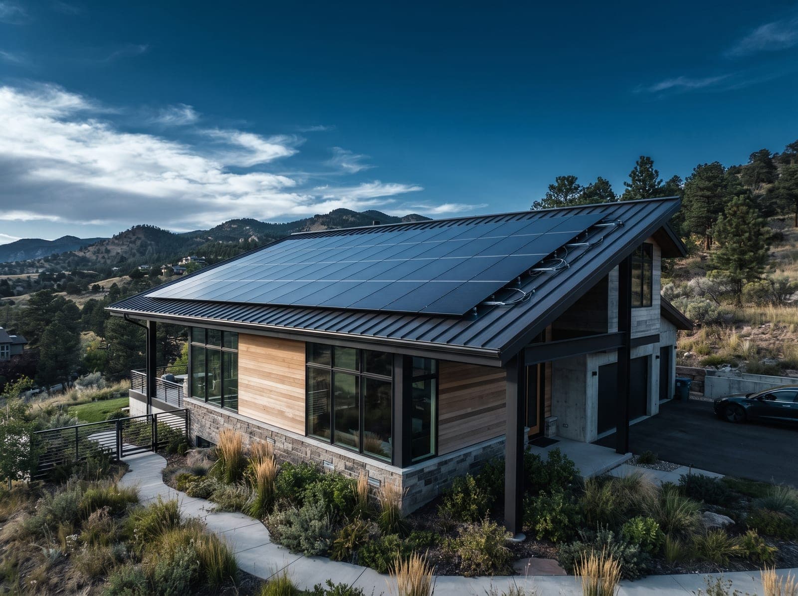 Rooftop solar PV array — exposed DC wiring runs that must survive 25 years of UV and thermal cycling Rooftop solar PV array on a standing-seam metal roof, with DC wiring runs and conduit secured along the edge of the panels