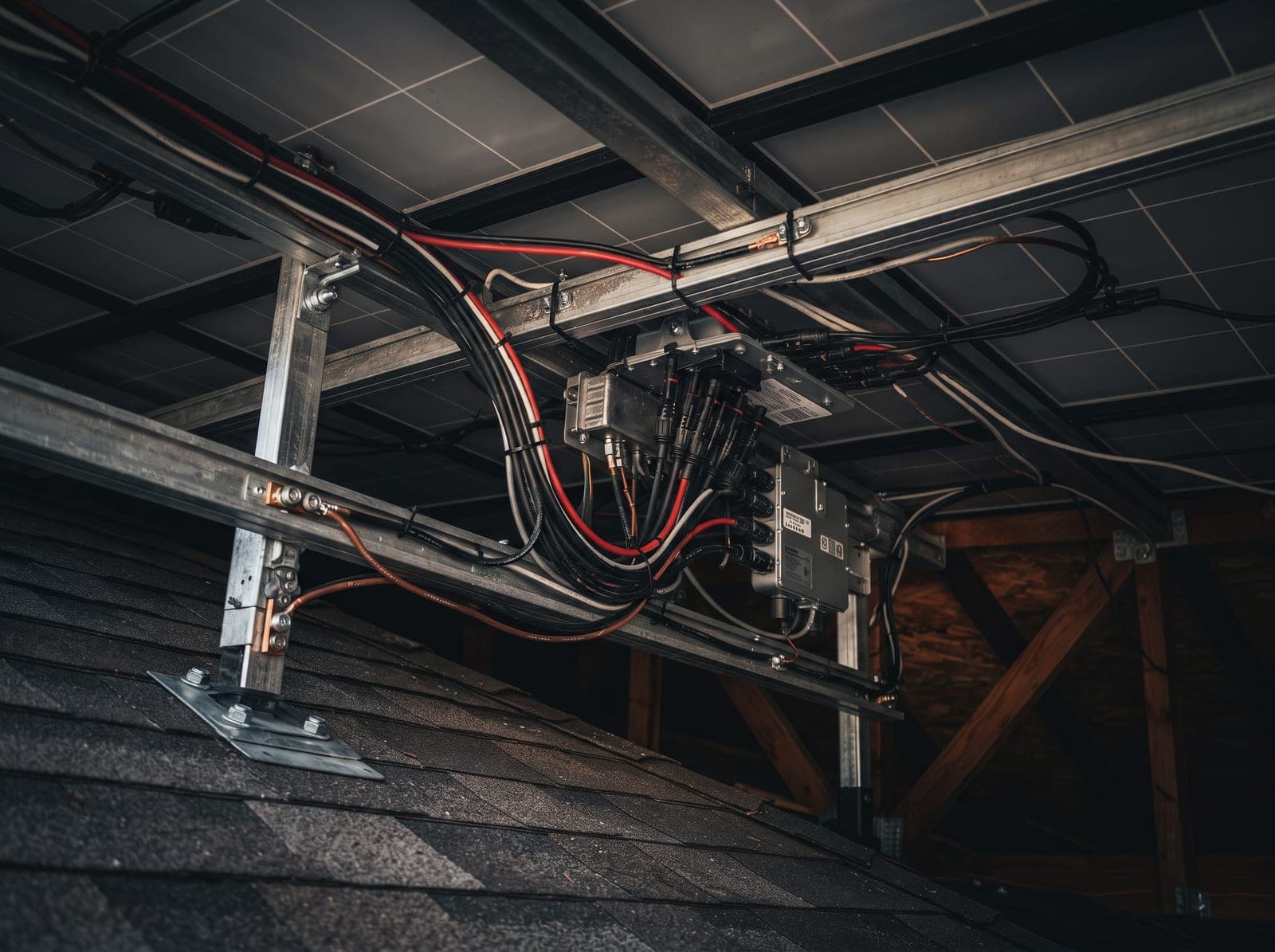 MC4 connector tails and DC home runs under a rooftop PV array — the exact joints that need a UV-stable dual wall seal Underside of a rooftop solar array showing DC home-run wiring, paired MC4 connectors, a bonded grounding lug on the mounting rail, and a rapid-shutdown module