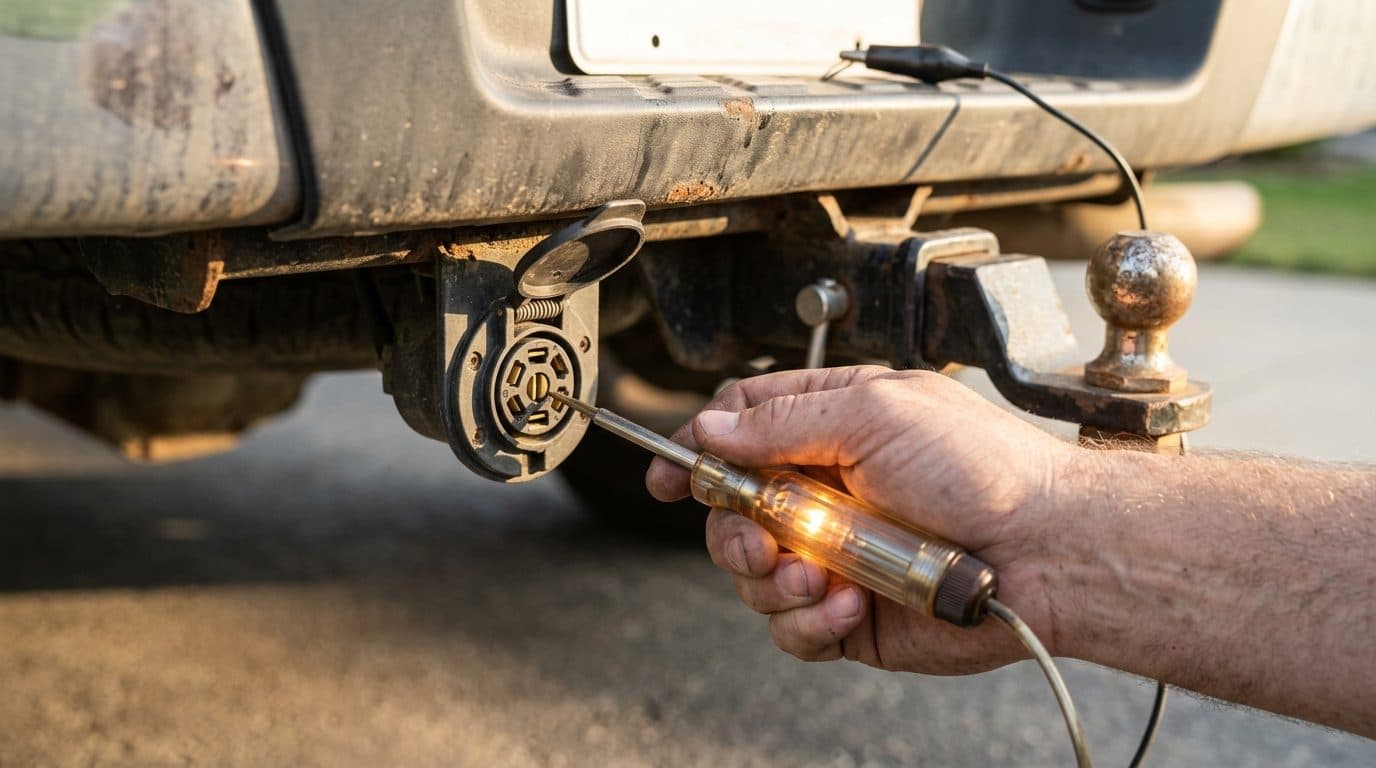 Hand pressing a circuit test light into the 7-way trailer socket under a pickup truck bumper, the test light glowing