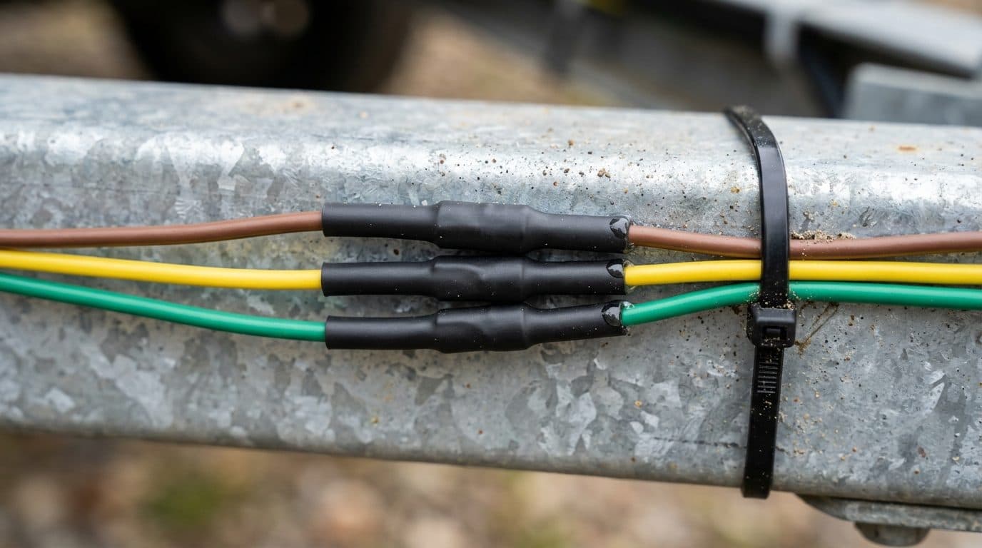 Brown, yellow and green trailer wires spliced and sealed with black heat shrink tubing, zip-tied along a galvanized trailer frame