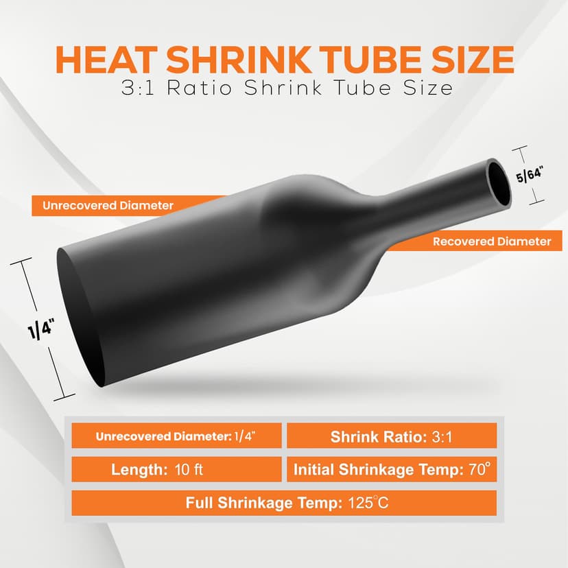 1/4" 3:1 dual-wall heat shrink tubing — expanded and recovered diameter