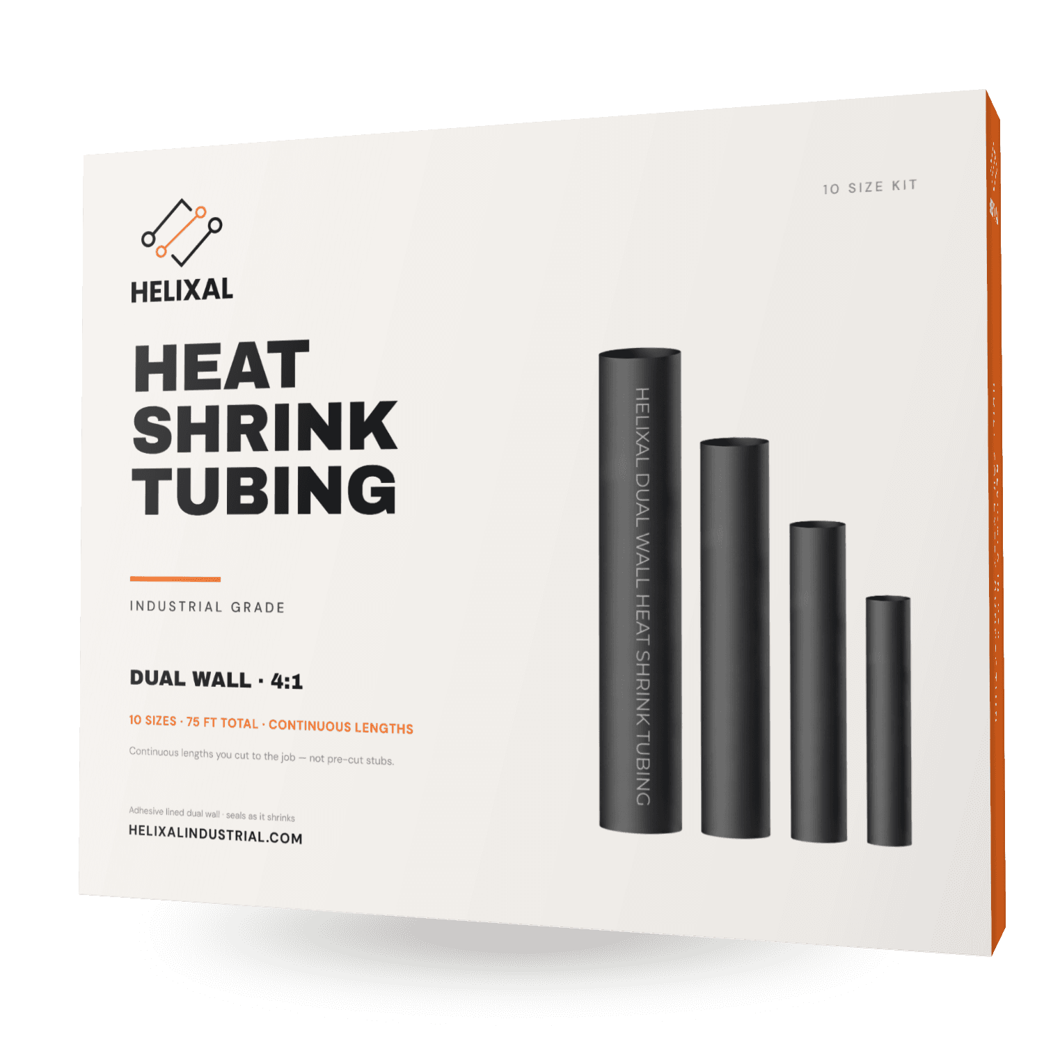 HELIXAL 4:1 adhesive-lined dual wall heat shrink tubing — 10 size kit carton, 75 ft total in continuous lengths